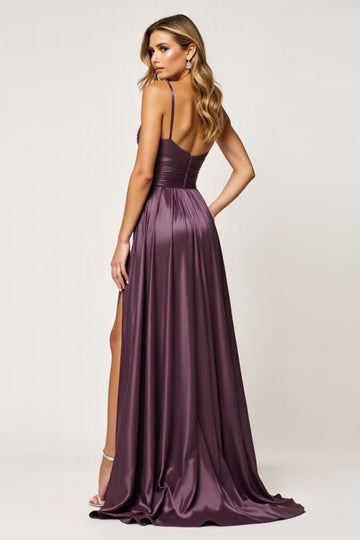 Purple A Line Spaghetti Straps Cut Out Satin Long Formal Dress